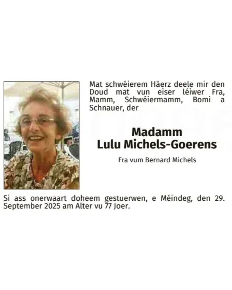 Traueranzeige für Lulu Michels-Goerens