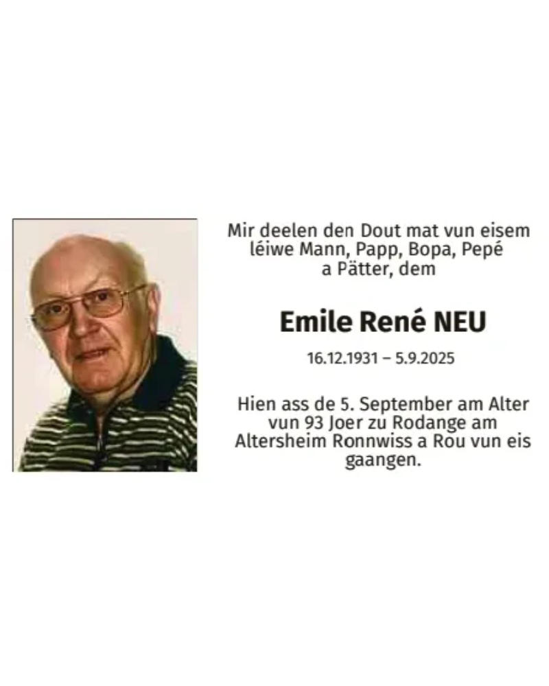 Traueranzeige für Emile René Neu