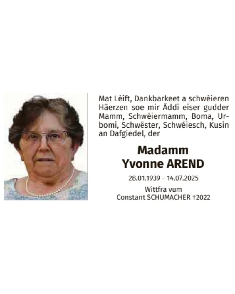 Traueranzeige für Yvonne Arend