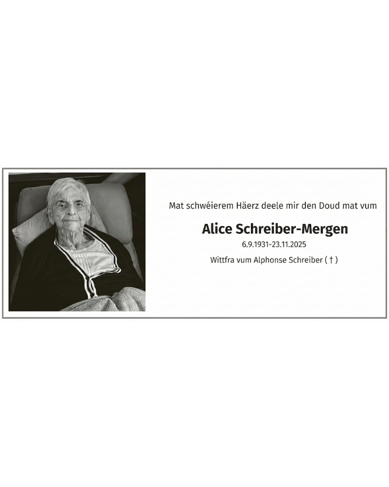 Traueranzeige für Alice Schreiber-Mergen