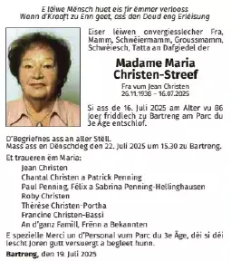 Traueranzeige für Maria Christen-Streef
