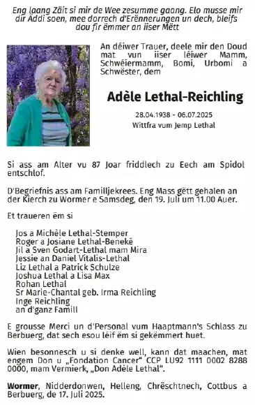 Traueranzeige für Adèle Lethal-Reichling