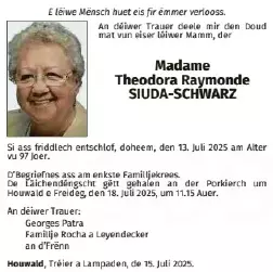 Traueranzeige für Theodora Raymonde Siuda-Schwarz
