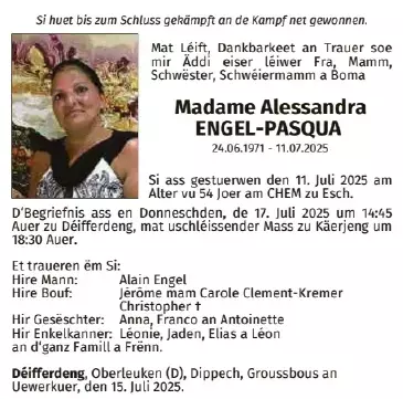 Traueranzeige für Alessandra Engel - Pasqua