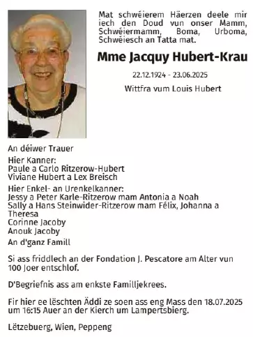 Traueranzeige für Jacquy Hubert-Krau