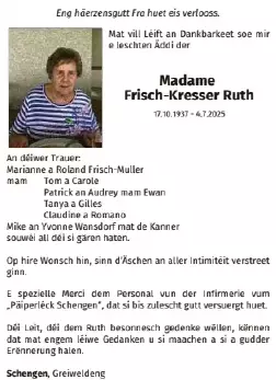 Traueranzeige für Ruth Frisch- Kresser