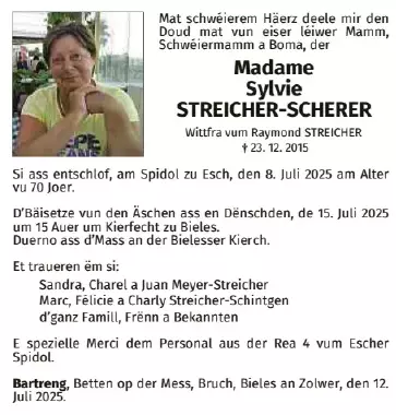 Traueranzeige für Sylvie Streicher-Scherer