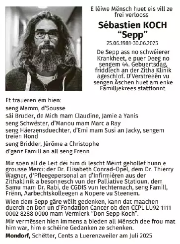 Traueranzeige für Sébastien Koch