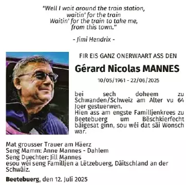 Traueranzeige für Gérard Nicolas Mannes