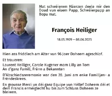 Traueranzeige für François Heiliger