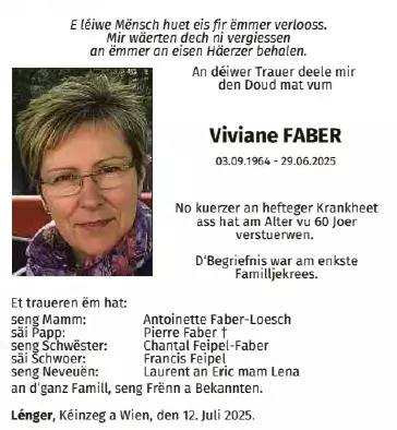 Traueranzeige für Viviane Faber