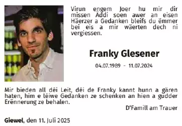 Traueranzeige für Franky Glesener