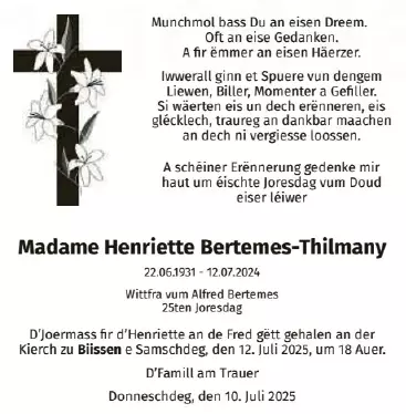 Traueranzeige für Henriette Bertemes - Thilmany