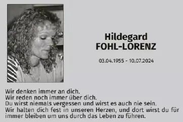 Traueranzeige für Hildegard Fohl - Lorenz