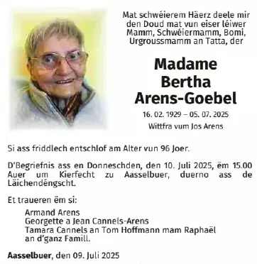 Traueranzeige für Bertha Arens - Goebel