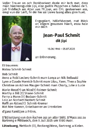 Traueranzeige für Jean-Paul Schmit