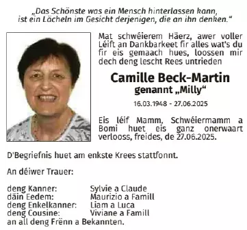 Traueranzeige für Camille Beck - Martin