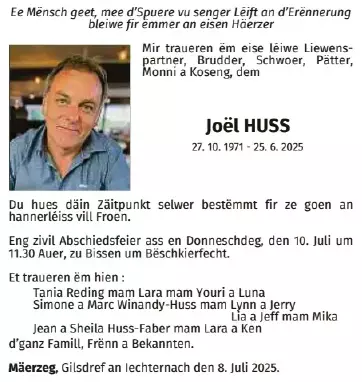 Traueranzeige für Joël Huss