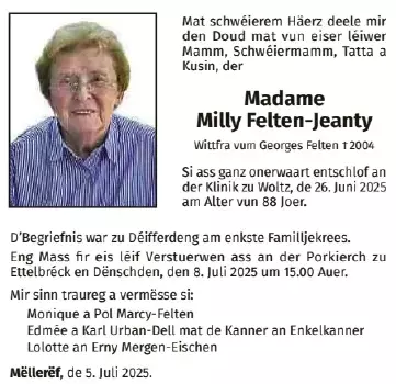 Traueranzeige für Milly Felten - Jeanty