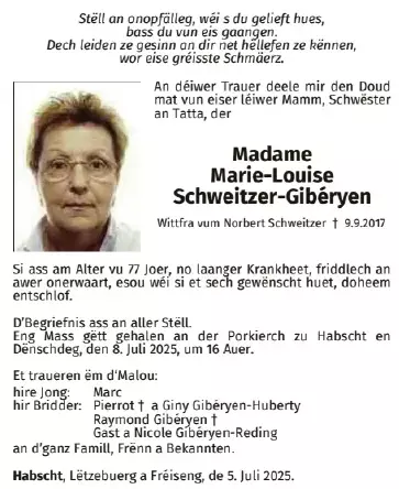 Traueranzeige für Marie-Louise Schweitzer- Gibéryen