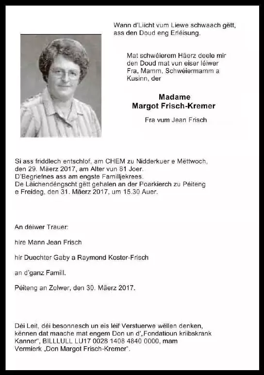 Traueranzeige für Margot Frisch-Kremer