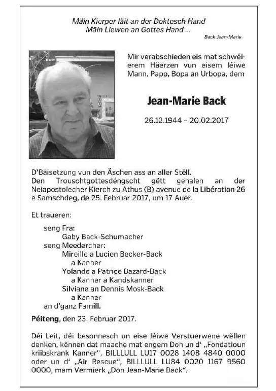 Traueranzeige für Jean-Marie Back