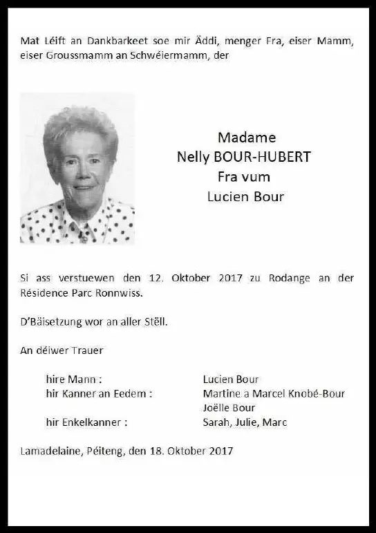 Traueranzeige für Nelly BOUR-HUBERT
