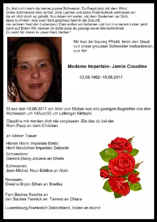Traueranzeige für Claudine Imperiale-Jamin