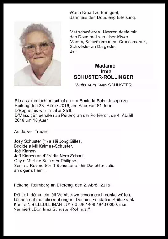 Traueranzeige für Irma SCHUSTER-ROLLINGER