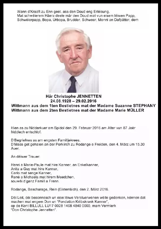 Traueranzeige für Christophe JENNETTEN