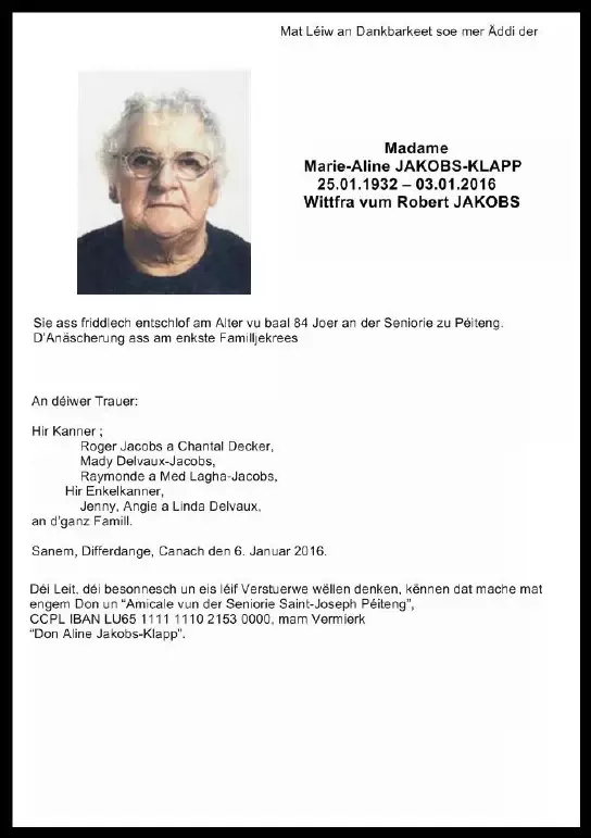 Traueranzeige für Marie-Aline JAKOBS-KLAPP