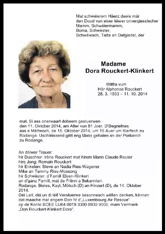 Traueranzeige für Dora Rouckert-Klinkert