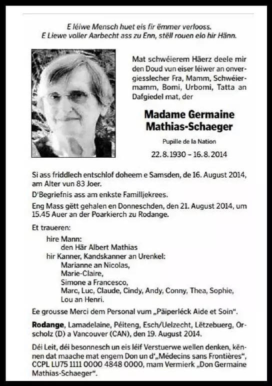 Traueranzeige für Germaine Mathias-Schaeger