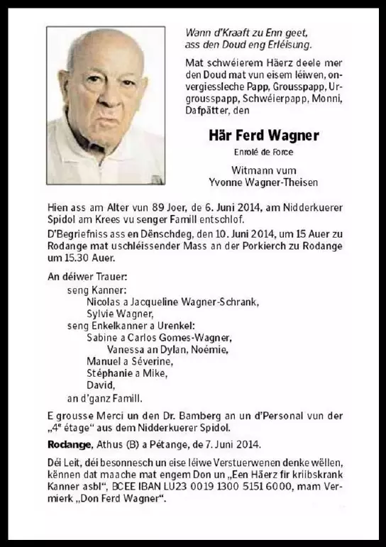 Traueranzeige für Ferd Wagner