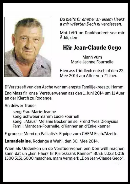 Traueranzeige für Jean-Claude Gego