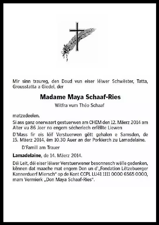 Traueranzeige für Maya Schaaf-Ries