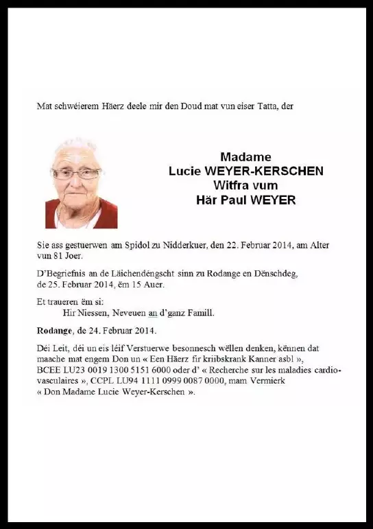 Traueranzeige für Lucie Weyer-Kerschen