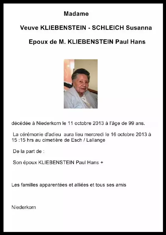 Traueranzeige für Susanna KLIEBENSTEIN - SCHLEICH