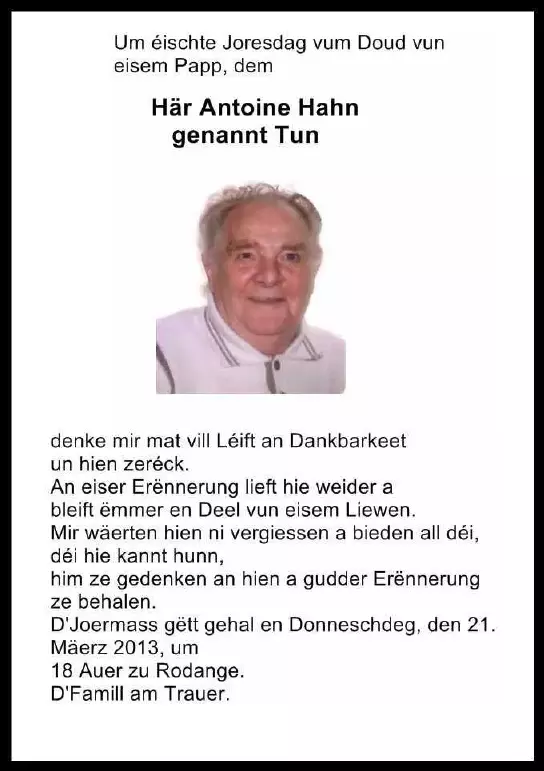 Traueranzeige für Antoine Hahn