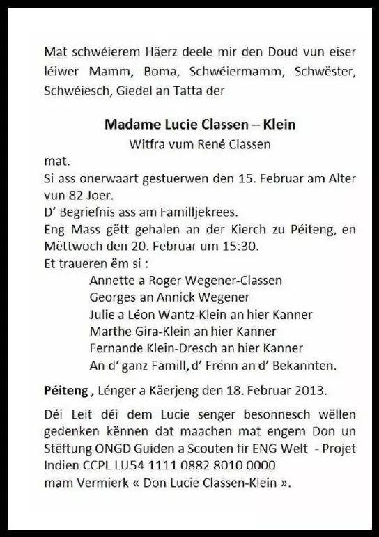 Traueranzeige für Lucie Classen - Klein