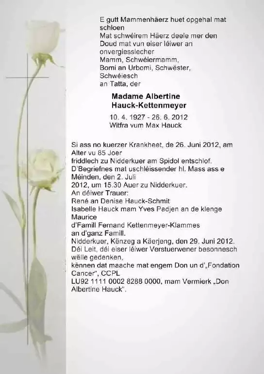Traueranzeige für Albertine Hauck-Kettenmeyer