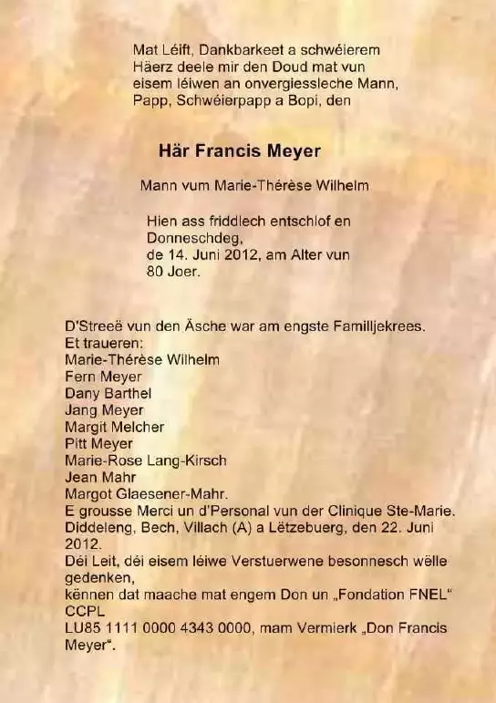 Traueranzeige für Francis Meyer