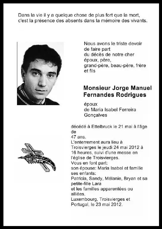 Traueranzeige für Jorge Manuel Fernandes Rodrigues