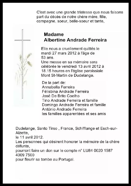 Traueranzeige für Albertine Andrade Ferreira