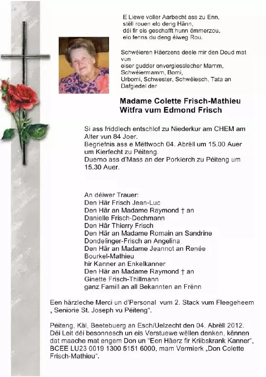 Traueranzeige für Colette Frisch-Mathieu