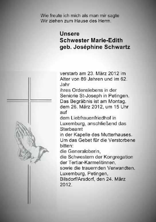 Traueranzeige für Schwester Marie-Edith geb. Joséphine Schwartz