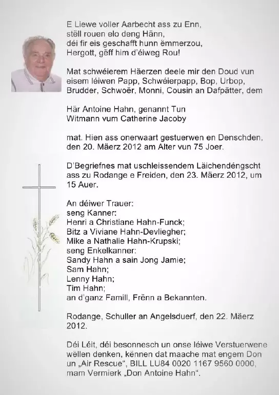 Traueranzeige für Antoine genannt Tun Hahn