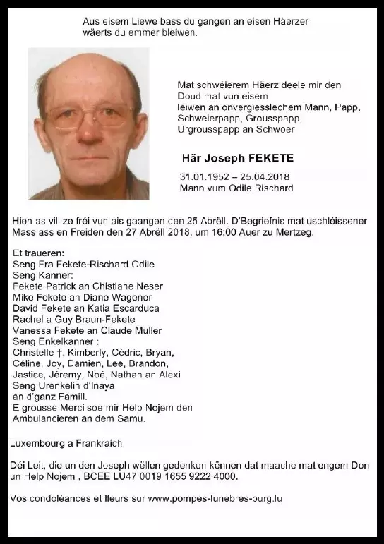 Traueranzeige für Joseph FEKETE