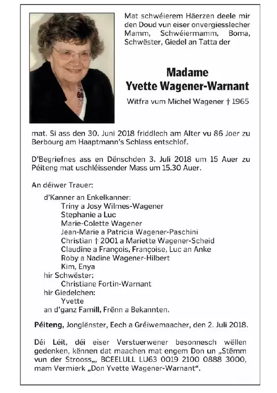 Traueranzeige für Yvette Wagener-Warnant