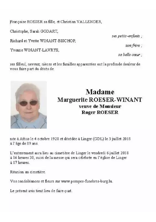 Traueranzeige für Marguerite ROESER-WINANT